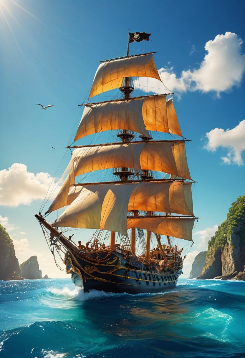 A majestic sailing ship with billowing sails gliding through calm azure waters, surrounded by a horizon of sun-lit islands and a clear blue sky. The ship is adorned with pirate flags and bright colorful banners, symbolizing adventure and opportunity, while a diverse group of people on board enthusiastically study maps and navigational tools. Brightly illustrated sea creatures can be seen beneath the surface, emphasizing exploration and discovery. whimsical style. vibrant colors. airy atmosphere.
