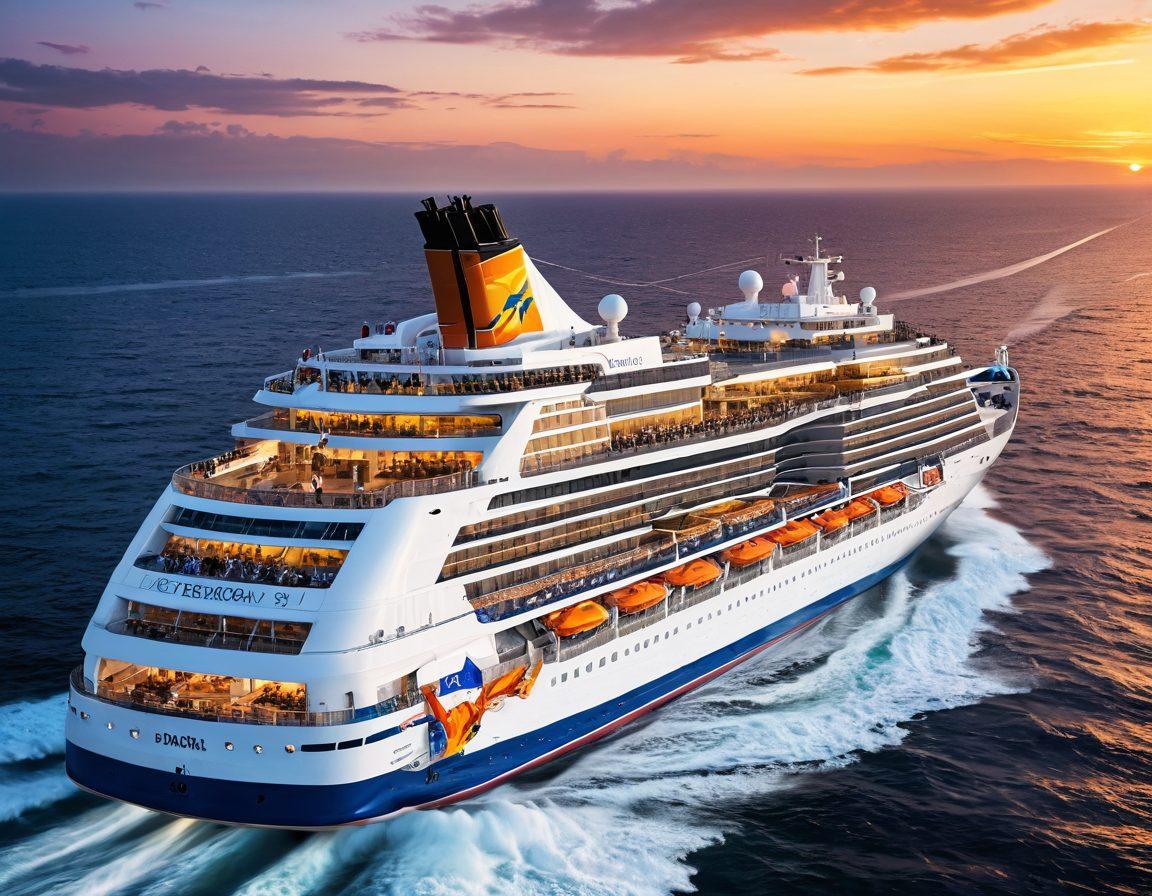 A bustling cruise ship in the foreground, filled with diverse crew members engaged in various seafaring tasks, such as navigation, hospitality, and entertainment. The backdrop showcases a stunning ocean view with a sunset, symbolizing adventure and opportunity. Include elements like a captain's wheel, colorful lifeboats, and cheerful passengers enjoying the journey. vibrant colors. super-realistic. cinematic style.