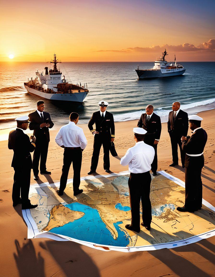 A serene marine landscape featuring a diverse group of professionals in nautical attire, collaborating on a large map spread across a sandy beach. In the background, majestic ships sail the horizon, while the sun sets, casting golden hues on the water. Include elements of maritime tools like compasses and binoculars for an adventurous touch. super-realistic. vibrant colors. scenic background.